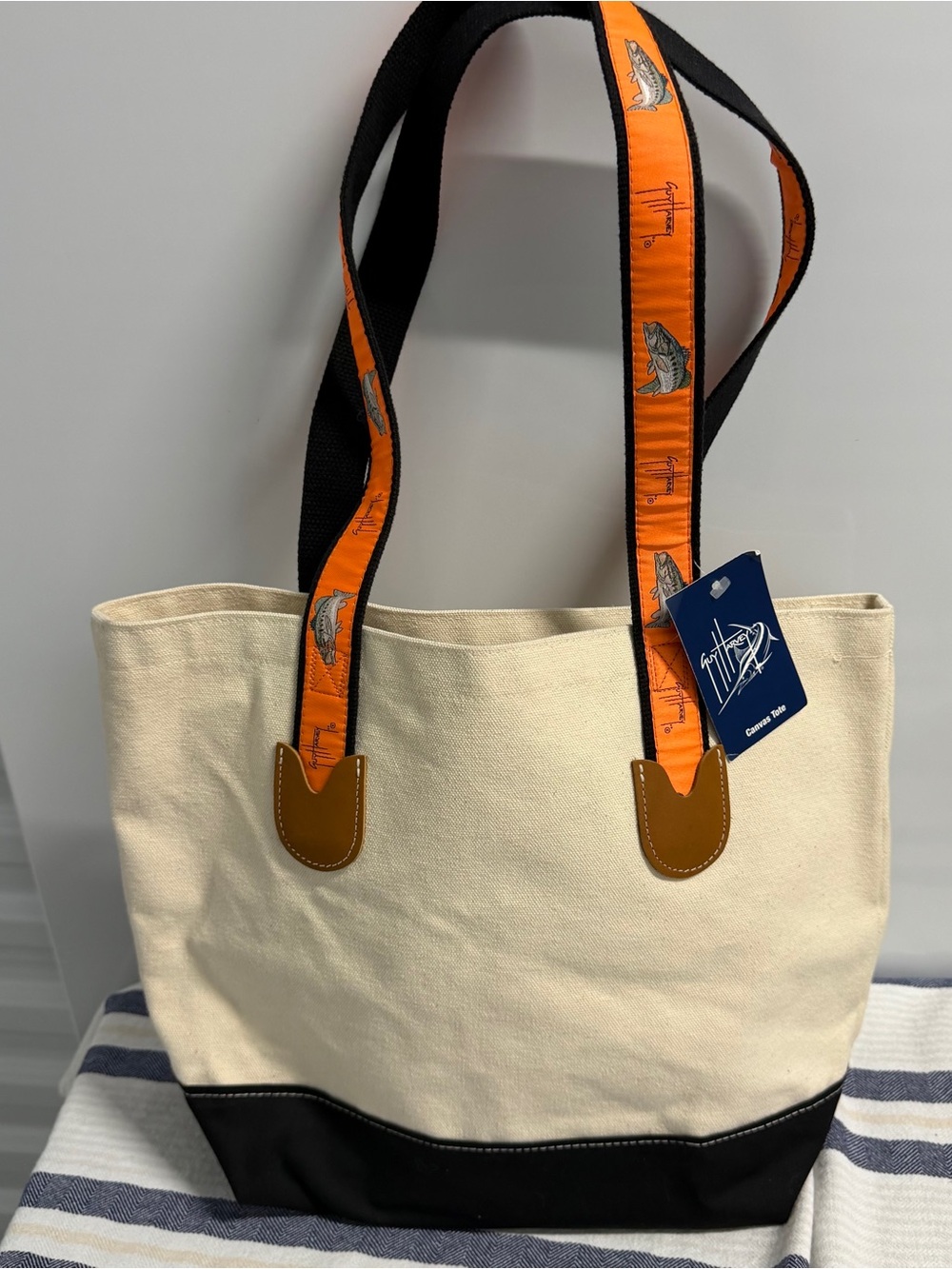 Guy Harvey Canvas Tote Bag NWT Bass Fish Embroidered Straps Beach Travel Shopper